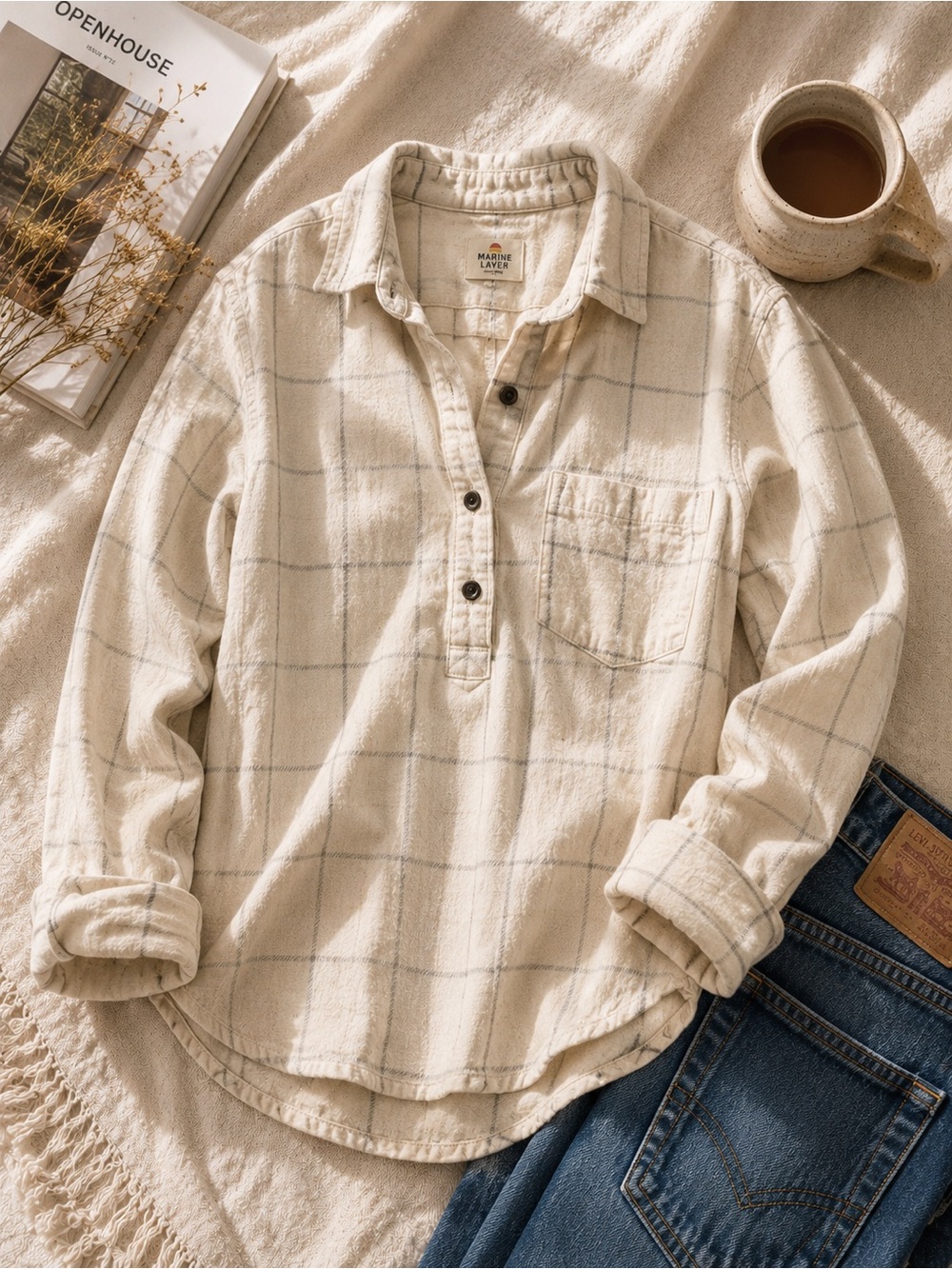 Marine Layer XS Cream Windowpane Pullover Shirt Soft Flannel Lightweight Top